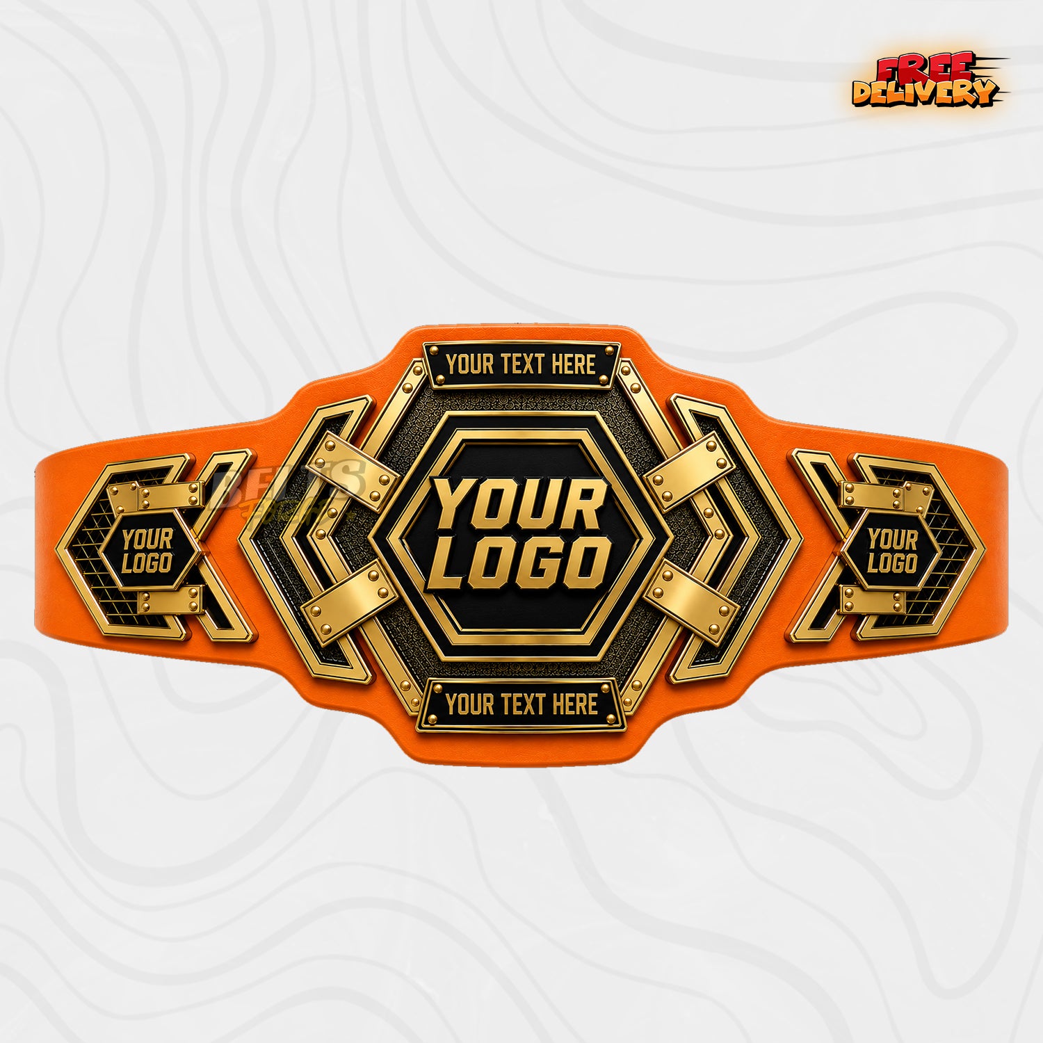 Custom Hexagon Gold Championship Belt in orange genuine leather strap showing gold industrial hexagon plates