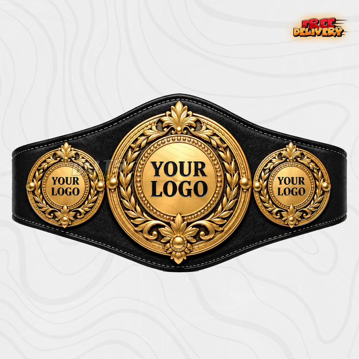 Custom Laurel Fleur-de-Lis Medallion Championship Belt in black genuine leather strap showing gold laurel wreath medallion plates with fleur-de-lis by Belts Forge