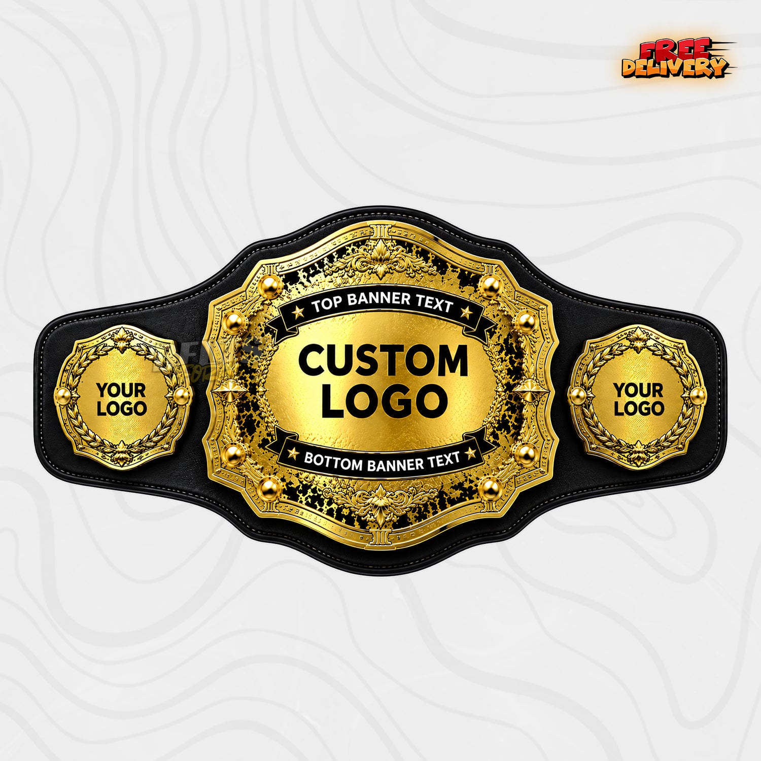 Custom Laurel Wreath Gold Championship Belt in black genuine leather strap showing gold laurel wreath side plates by Belts Forge