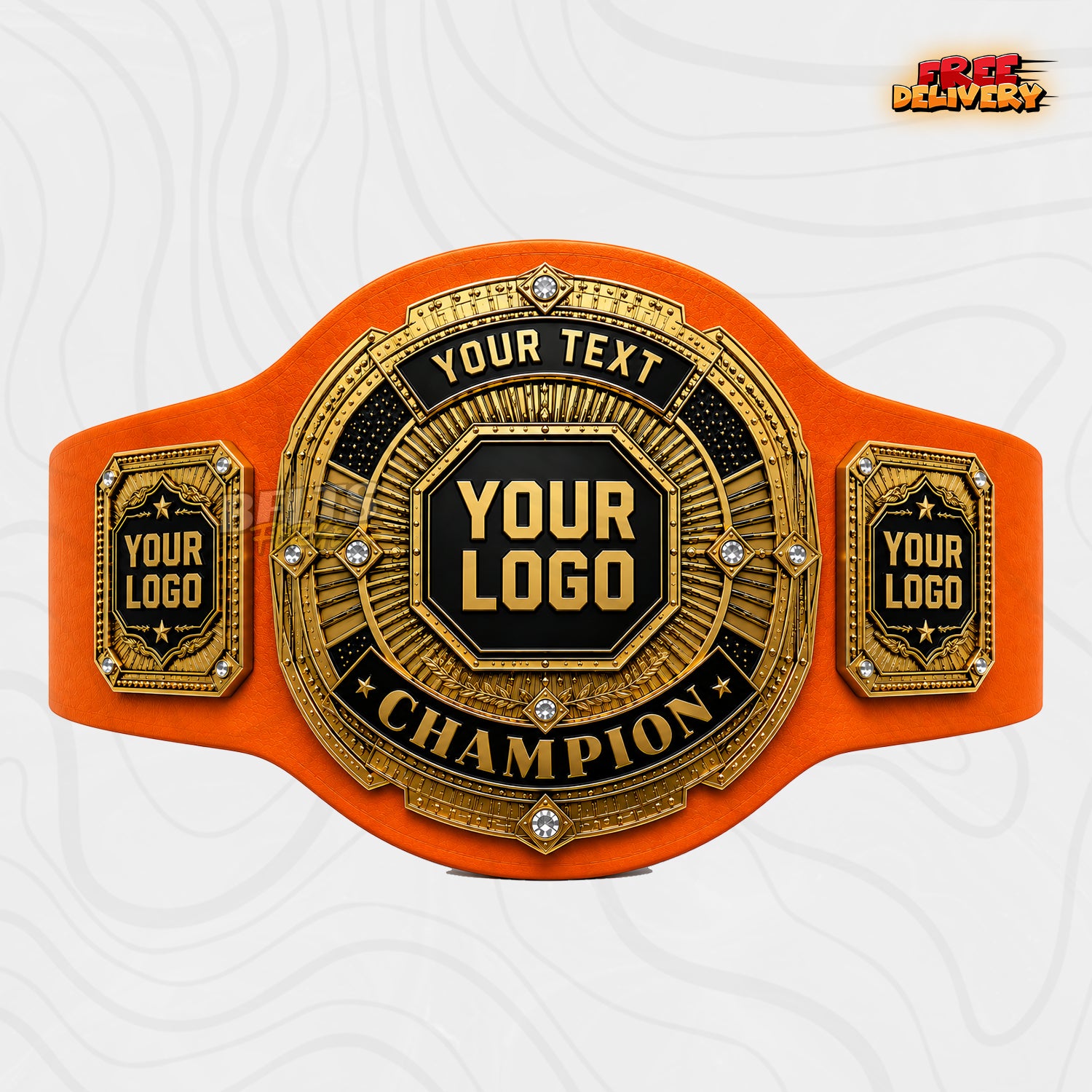 Custom Round Champion Medallion Belt in orange genuine leather strap showing gold medallion plates with rhinestones and rectangular logo side plates