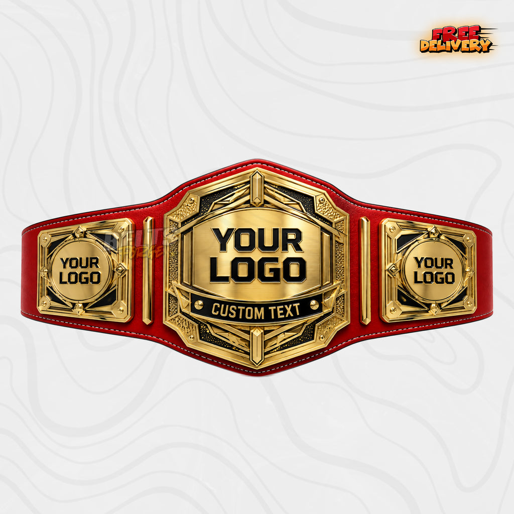Custom Art Deco Hexagon Championship Belt in red genuine leather strap showing gold modern hexagonal plate with personalized logo text bar