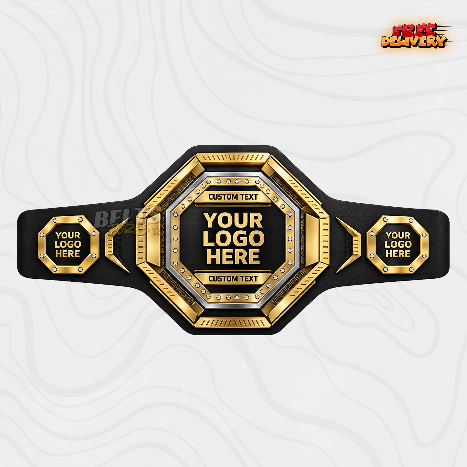 Custom Rhinestone Octagon Championship Belt in black genuine leather strap showing gold octagon plates with crystal stud border by Belts Forge