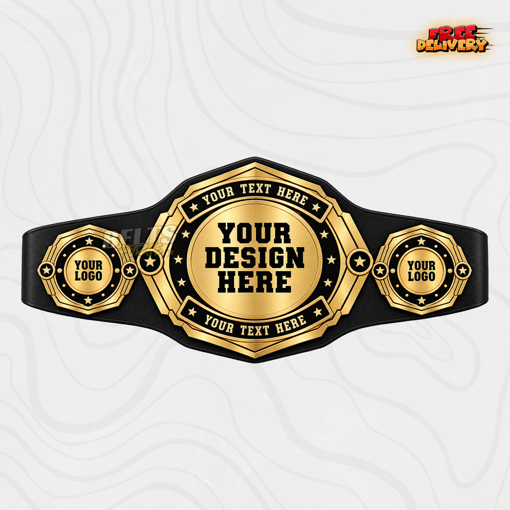 Custom Gold Octagon Championship Belt in black genuine leather strap showing gold octagon plates with round centre medallion by Belts Forge