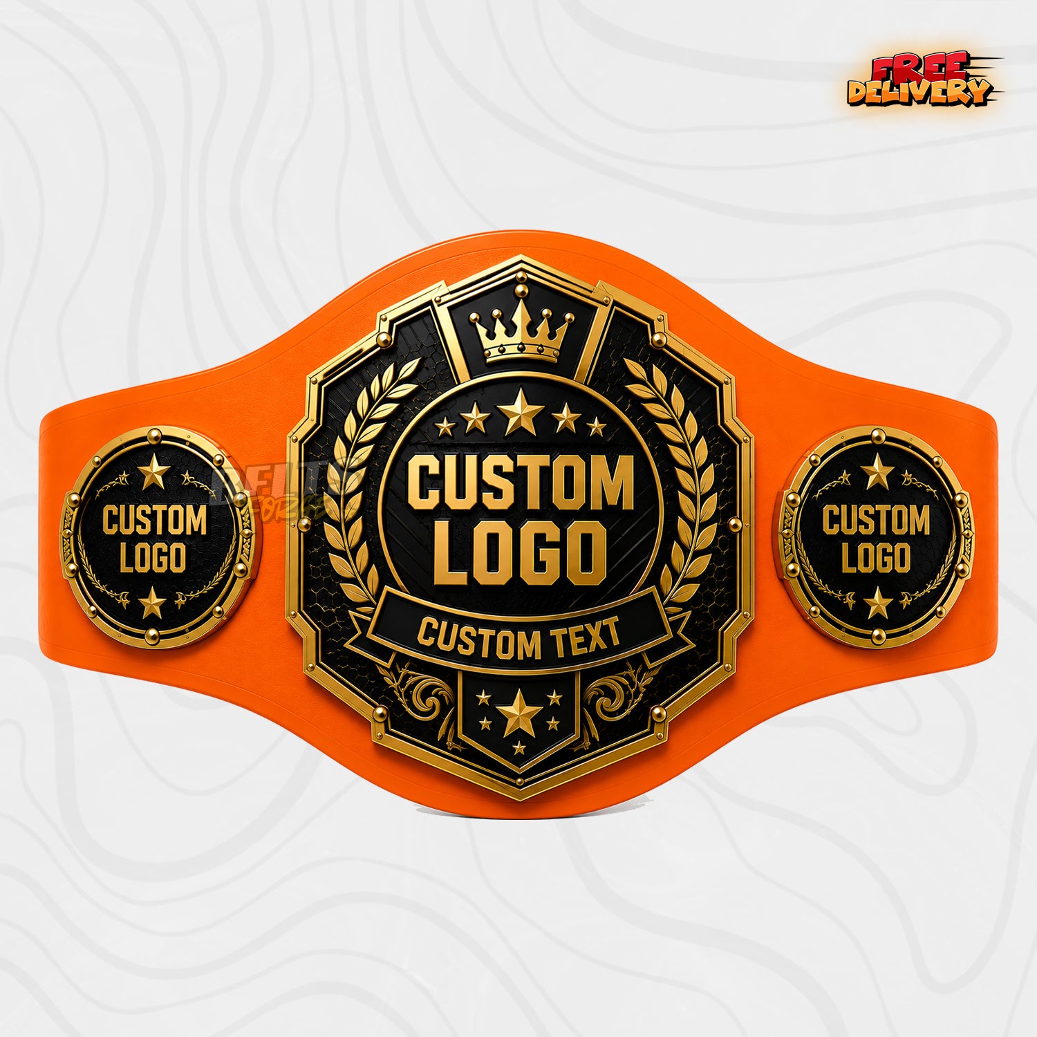 Custom Crown Octagon Championship Belt in orange genuine leather strap showing gold octagonal plates with crown and stars