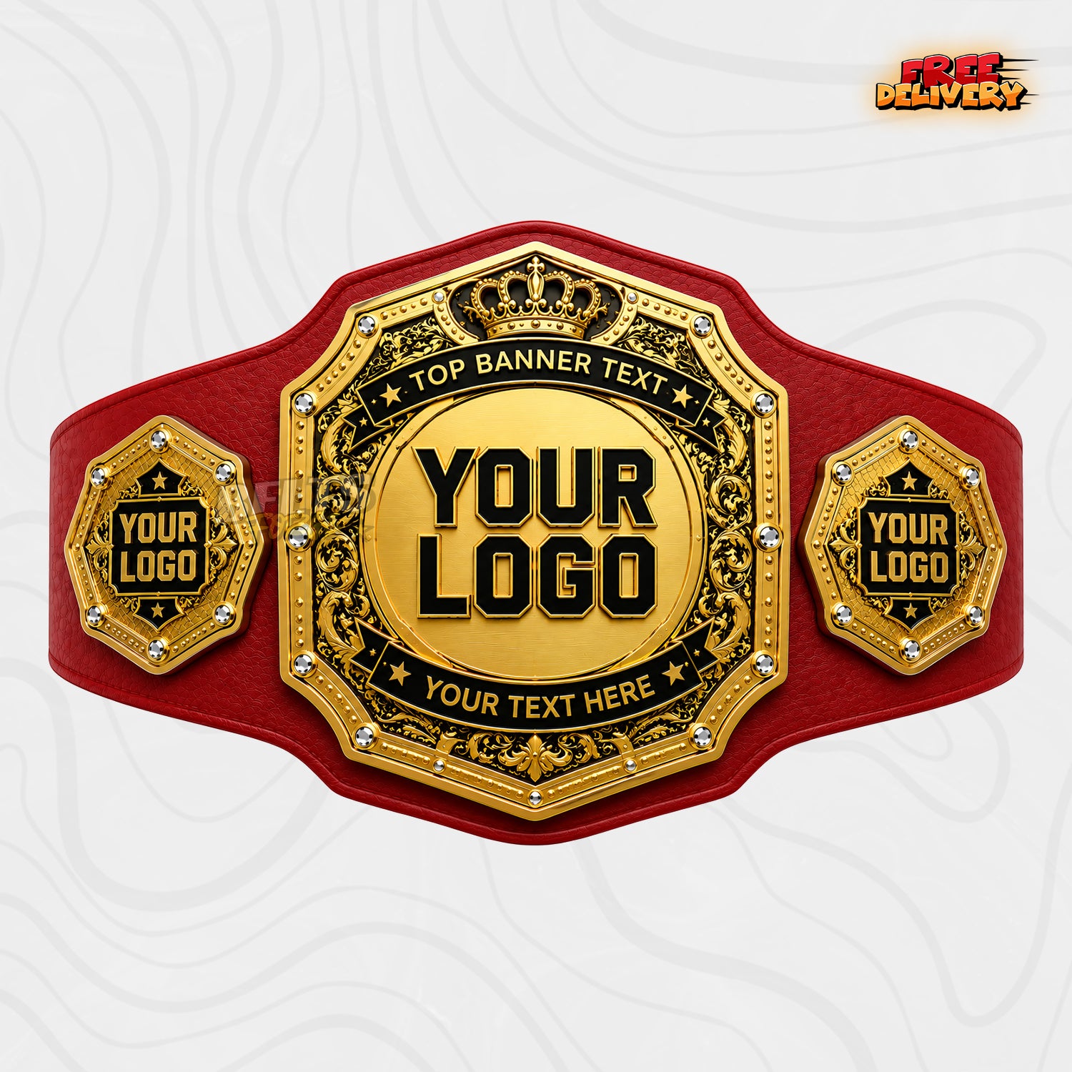 Custom Octagon Crown Medallion Championship Belt in red genuine leather strap showing gold ornate crown medallion plate with custom logo and text