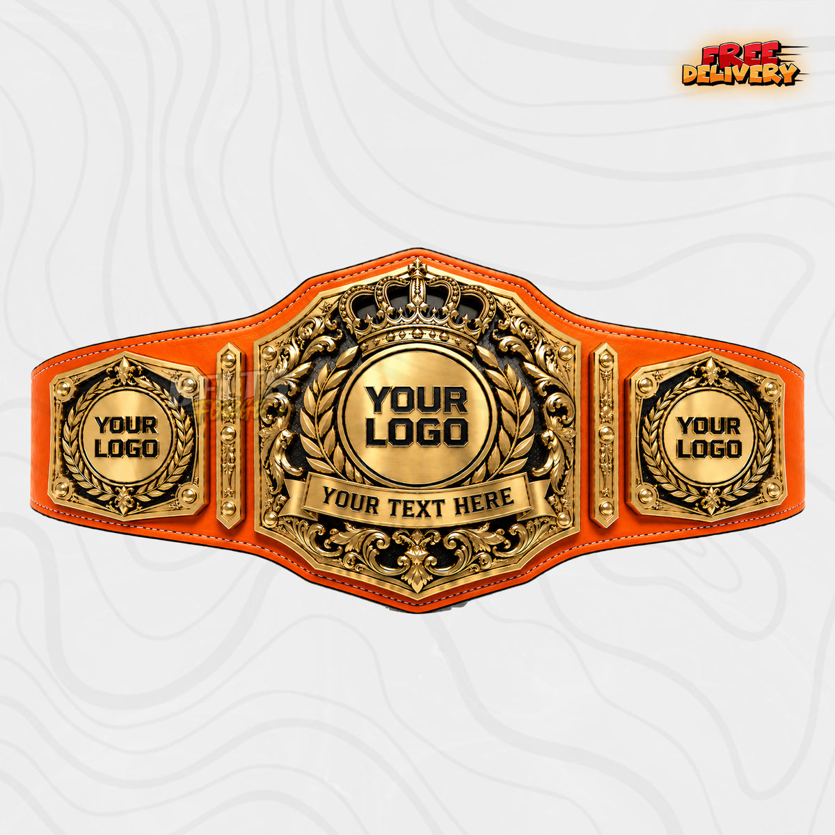 Custom Royal Crown Baroque Scroll Championship Belt in orange genuine leather strap showing gold ornate crown plate with hexagon logo side plates