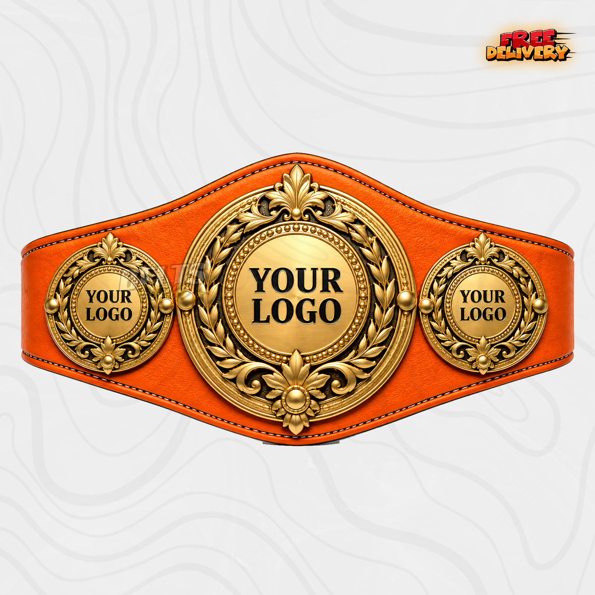 Custom Laurel Fleur-de-Lis Medallion Championship Belt in orange genuine leather strap showing gold ornate laurel medallion plate with personalized logo