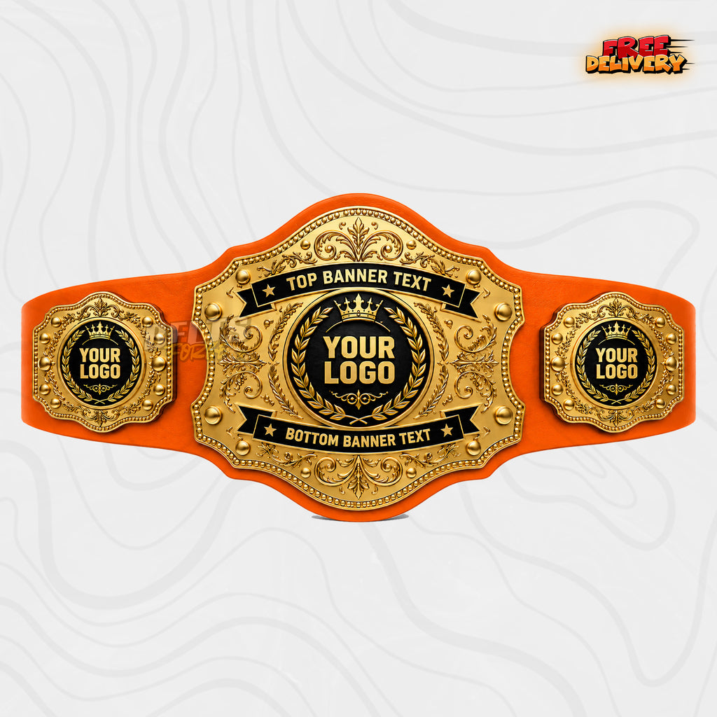 Custom Gold Baroque Banner Championship Belt in orange genuine leather strap showing gold ornate plate with dual text banners and two logo side plates