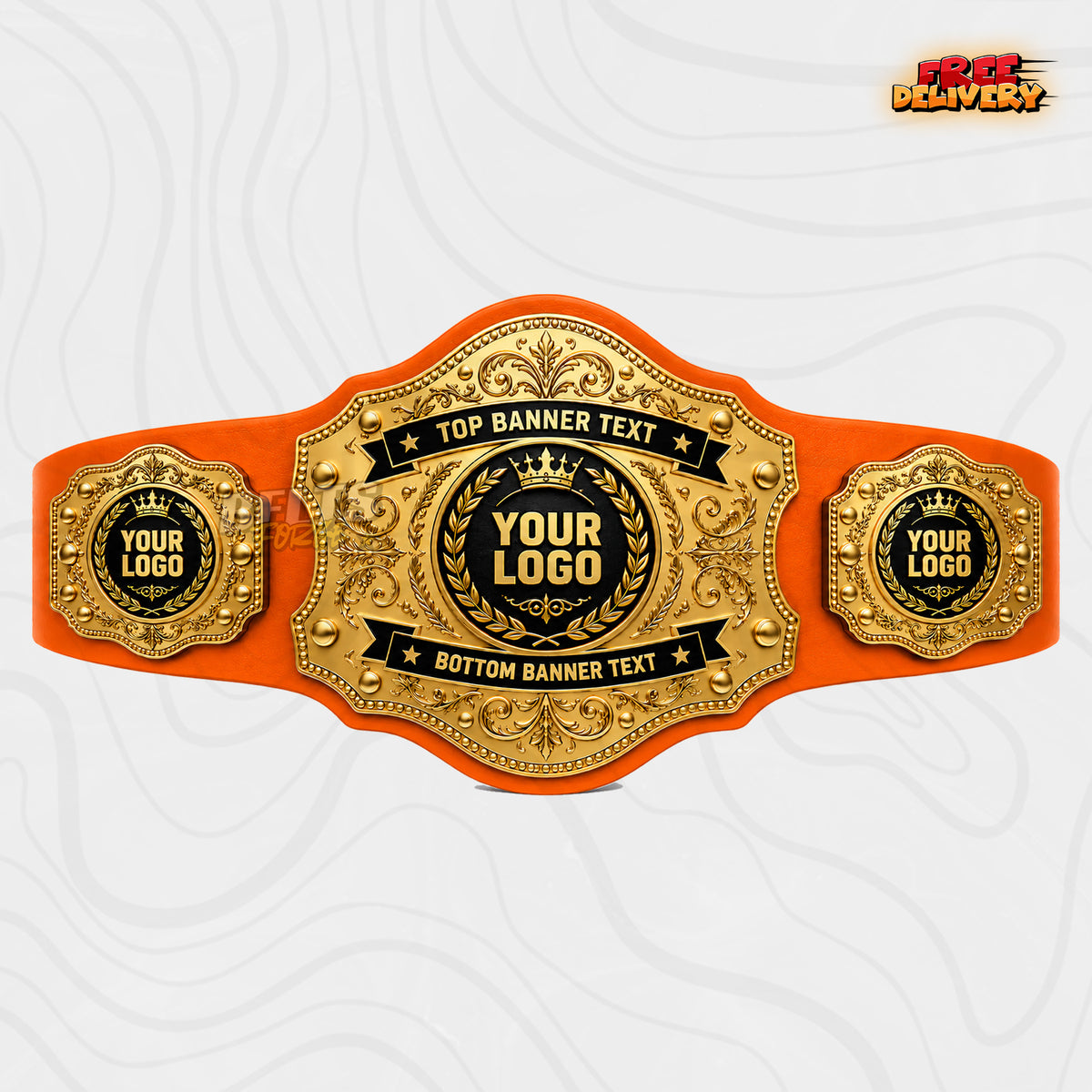 Custom Gold Baroque Banner Championship Belt in orange genuine leather strap showing gold ornate plate with dual text banners and two logo side plates