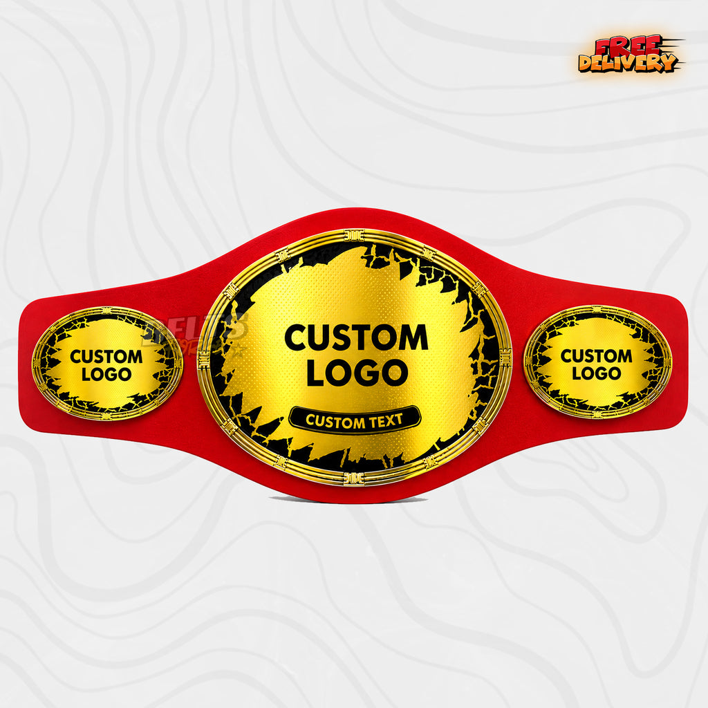 Custom Shattered Oval Championship Belt in red genuine leather strap showing gold oval centre plate with custom logo and text