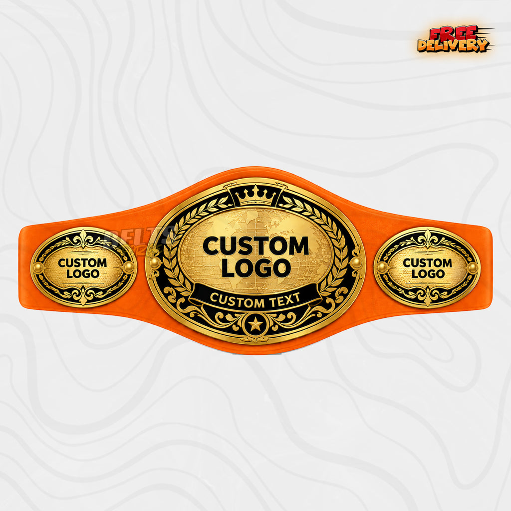 Custom Oval World Globe Championship Belt in orange genuine leather strap showing gold oval crown globe plate with custom text ribbon