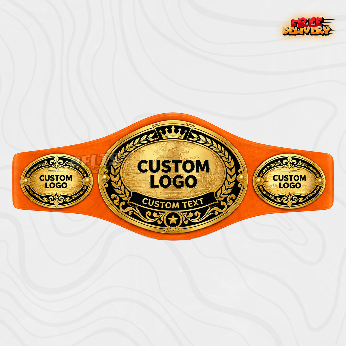 Custom Oval World Globe Championship Belt in orange genuine leather strap showing gold oval crown globe plate with custom text ribbon