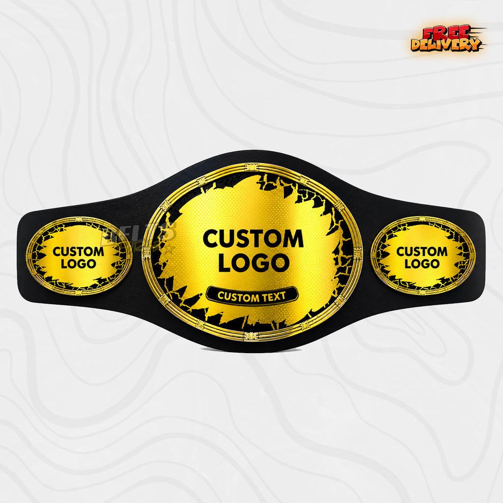 Custom Shattered Oval Championship Belt in black genuine leather strap showing gold oval plates with cracked grunge design by Belts Forge