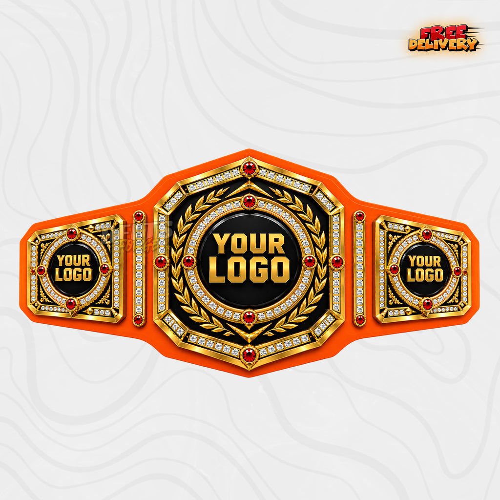 Custom Ruby Laurel Championship Belt in orange genuine leather strap showing gold pave crystal plates with red gems