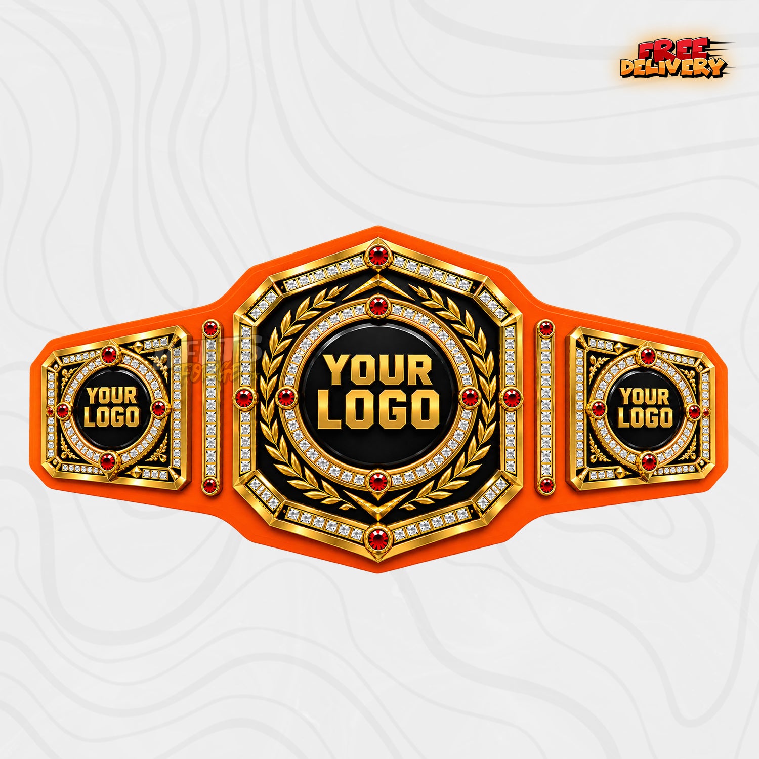Custom Ruby Laurel Championship Belt in orange genuine leather strap showing gold pave crystal plates with red gems