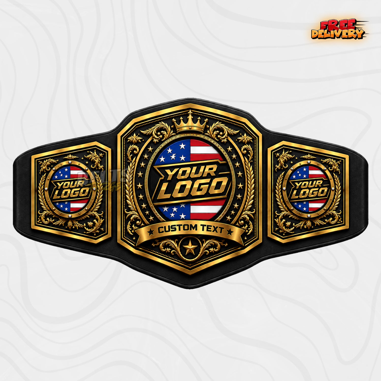 Custom Patriotic Gold Championship Belt in black genuine leather strap showing gold plates with American flag and crown by Belts Forge