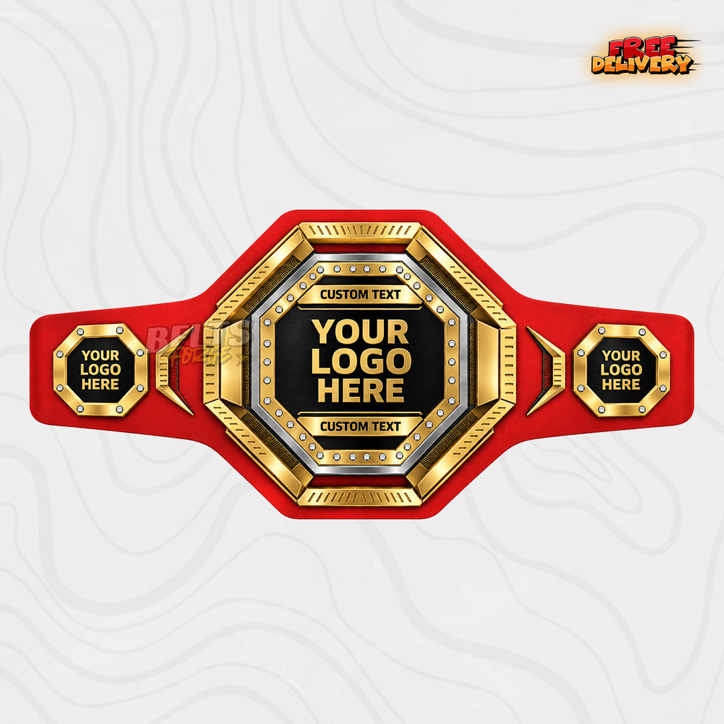 Custom Rhinestone Octagon Championship Belt in red genuine leather strap showing gold plates with crystal studs and custom logo text