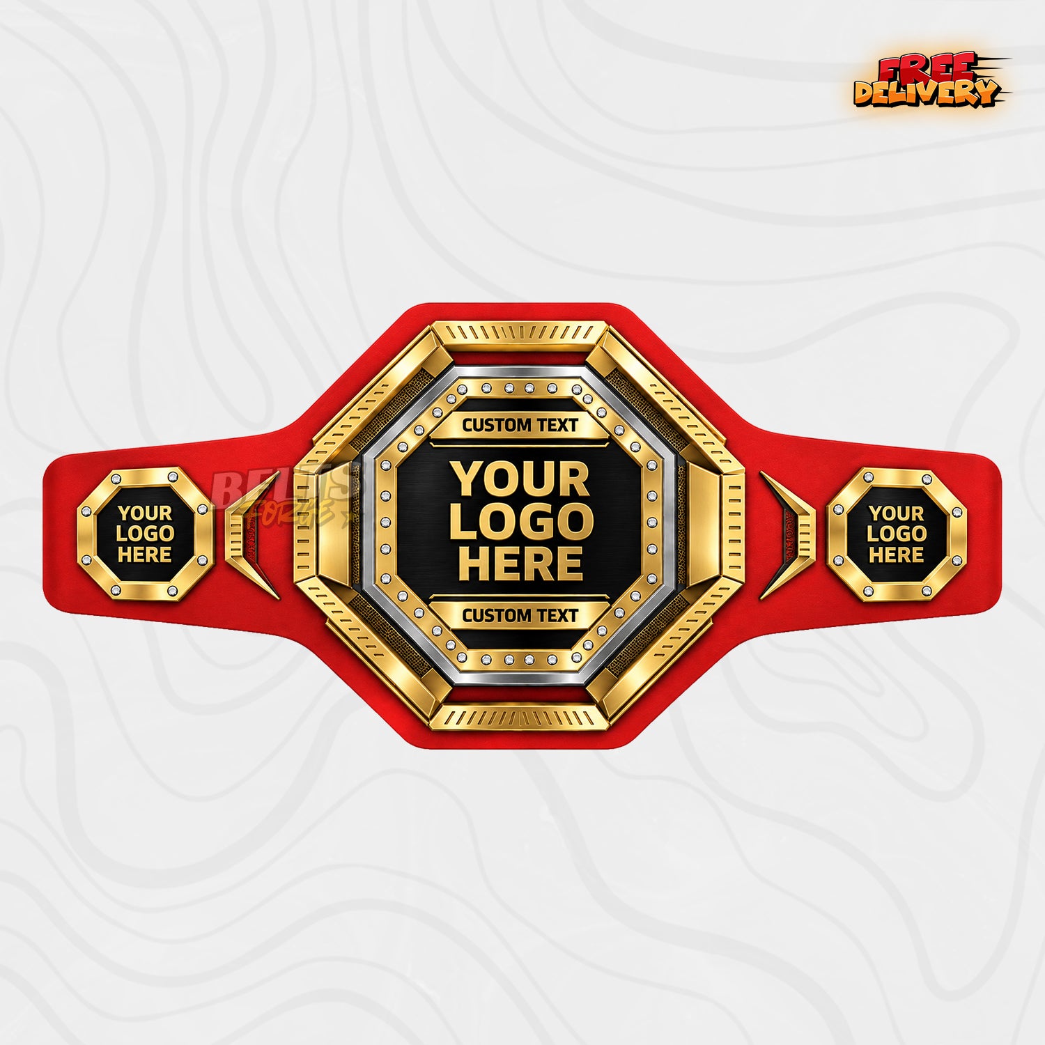 Custom Rhinestone Octagon Championship Belt in red genuine leather strap showing gold plates with crystal studs and custom logo text