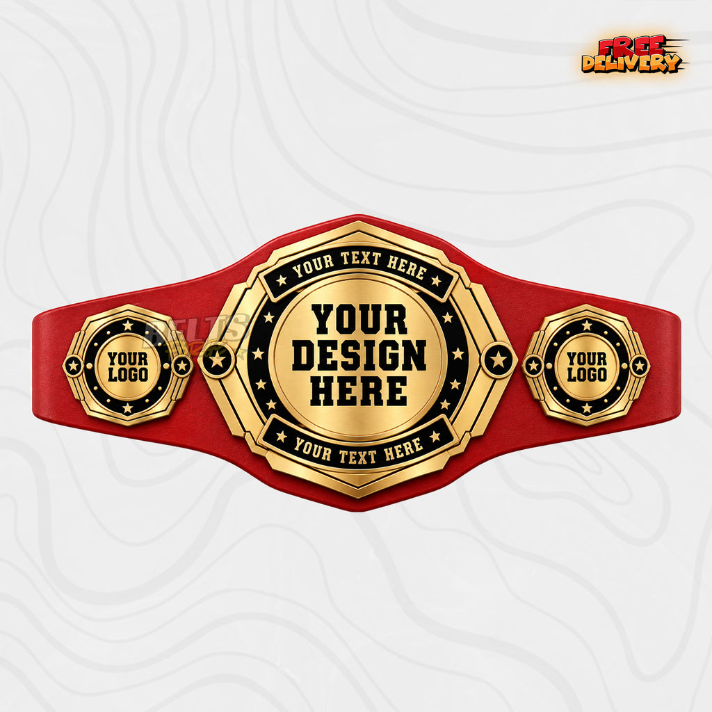 Custom Gold Octagon Championship Belt in red genuine leather strap showing gold plates with custom design logo text