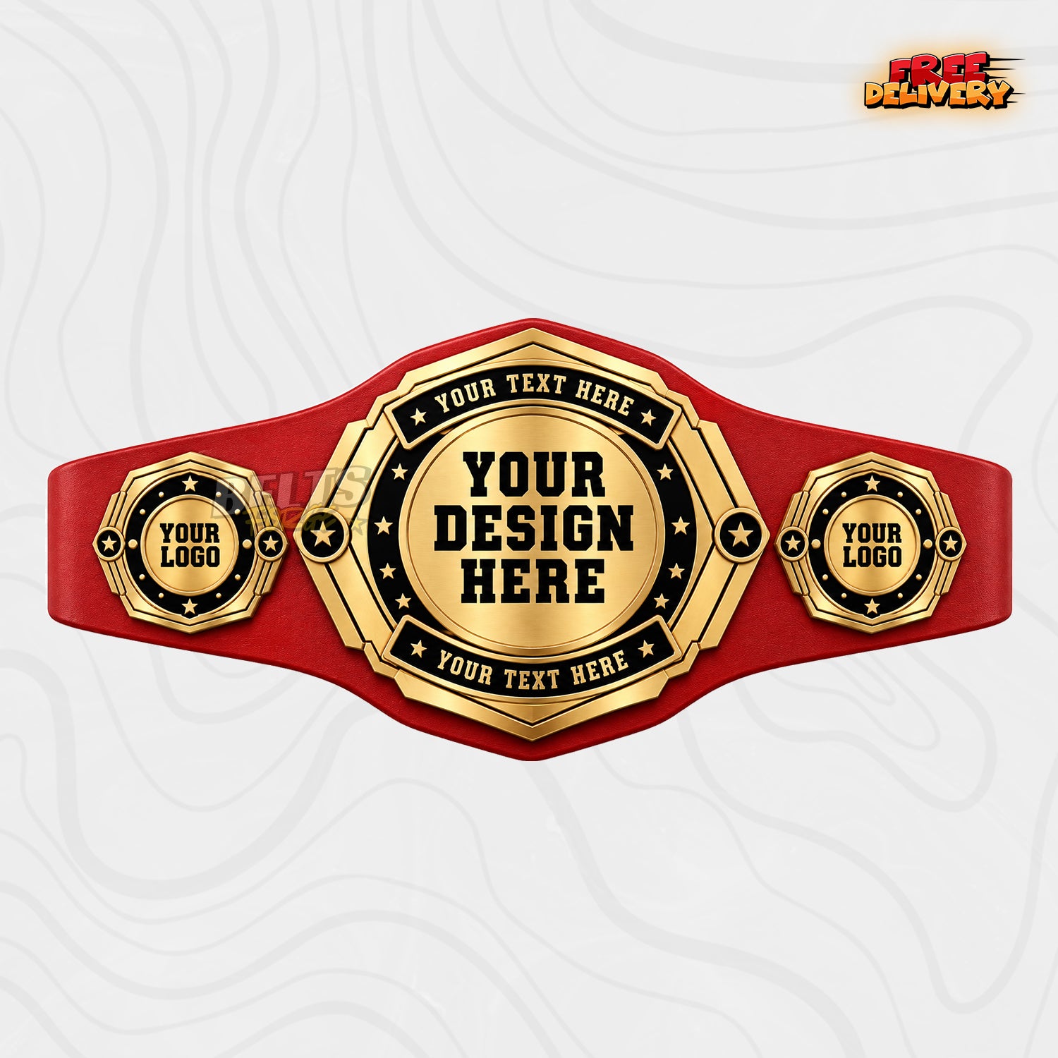 Custom Gold Octagon Championship Belt in red genuine leather strap showing gold plates with custom design logo text
