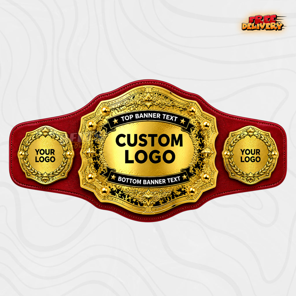 Custom Laurel Wreath Gold Championship Belt in red genuine leather strap showing gold plates with custom logo and top bottom banner text