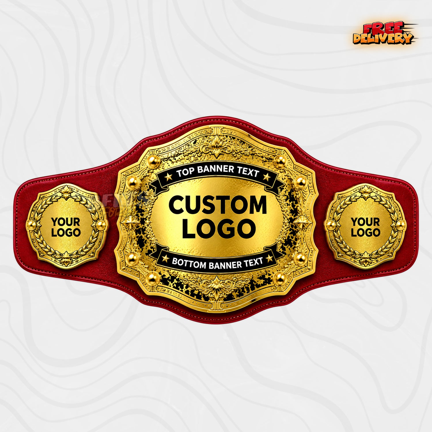 Custom Laurel Wreath Gold Championship Belt in red genuine leather strap showing gold plates with custom logo and top bottom banner text