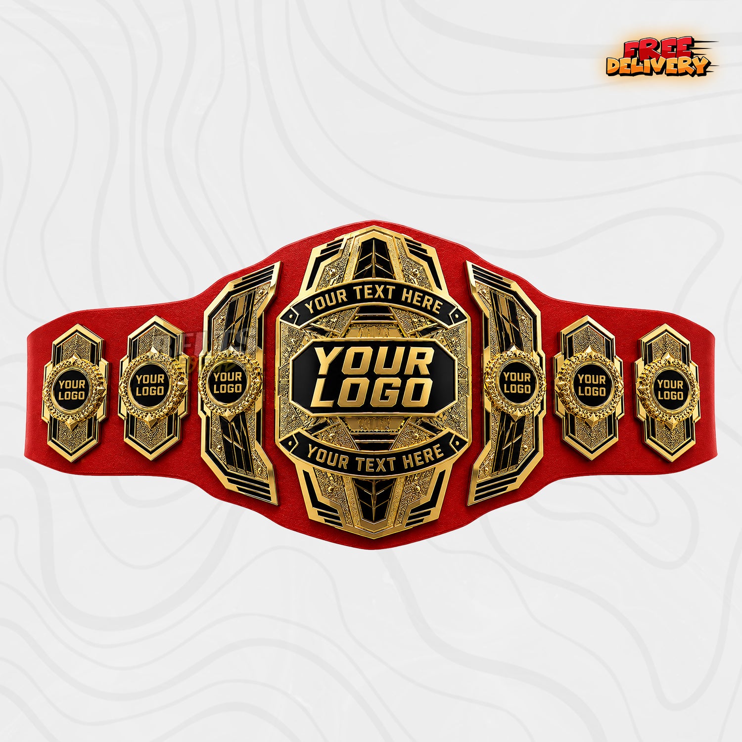 Custom Multi-Plate Gold Championship Belt in red genuine leather strap showing gold plates with custom text banners