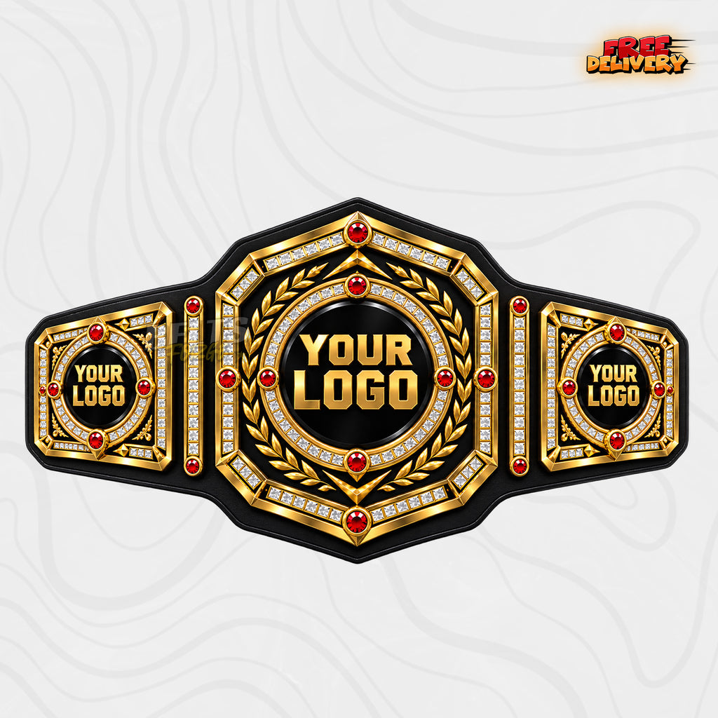Custom Ruby Laurel Championship Belt in black genuine leather strap showing gold laurel wreath plates with ruby gems by Belts Forge
