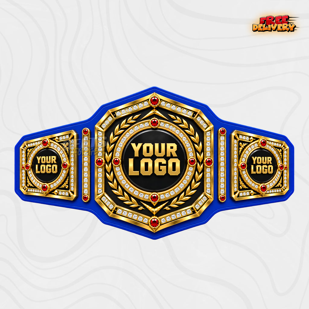 Custom Ruby Laurel Championship Belt in blue genuine leather strap showing gold plates with ruby gems and white rhinestones