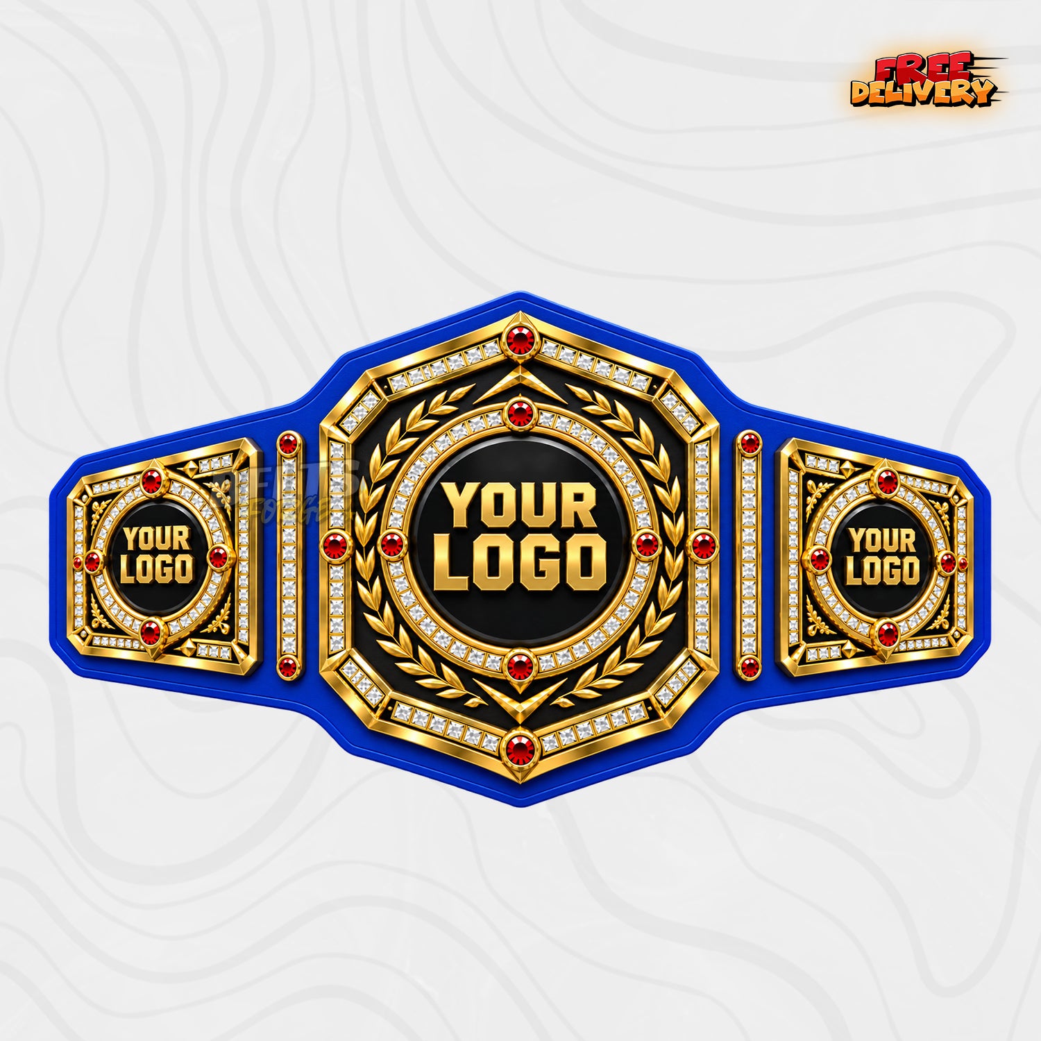Custom Ruby Laurel Championship Belt in blue genuine leather strap showing gold plates with ruby gems and white rhinestones
