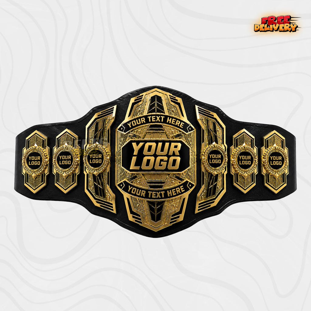 Custom Multi-Plate Gold Championship Belt in black genuine leather strap showing six gold side plates by Belts Forge