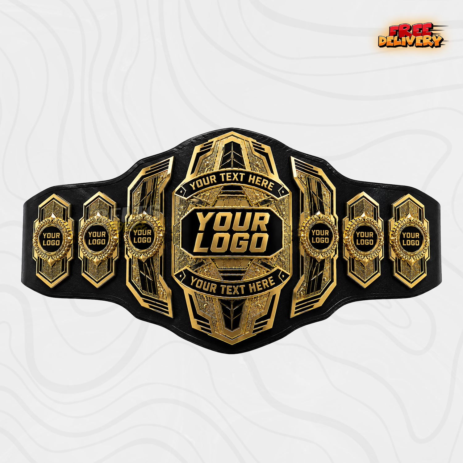 Custom Multi-Plate Gold Championship Belt in black genuine leather strap showing six gold side plates by Belts Forge