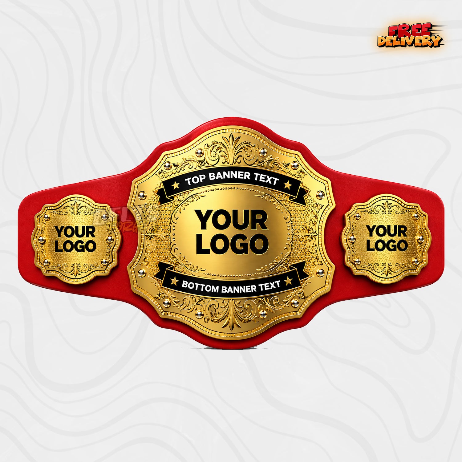Custom Scalloped Gold Championship Belt in red genuine leather strap showing gold plates with two logo side plates and custom text