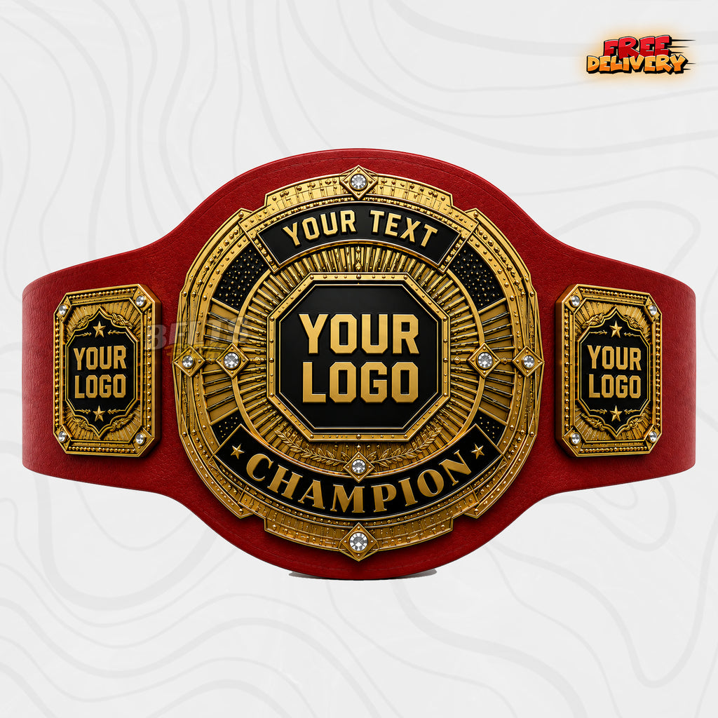 Custom Round Champion Medallion Belt in red genuine leather strap showing gold round Champion plate with personalized logo and text