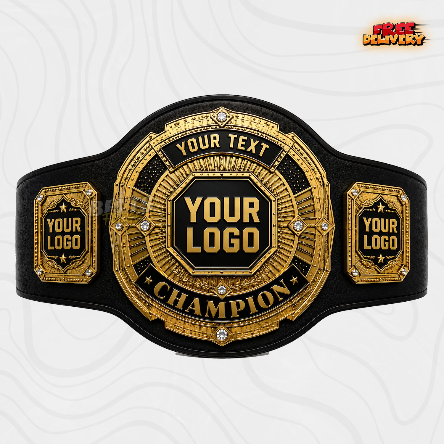 Custom Round Champion Medallion Belt in black genuine leather strap showing gold round medallion plate with Champion banner by Belts Forge