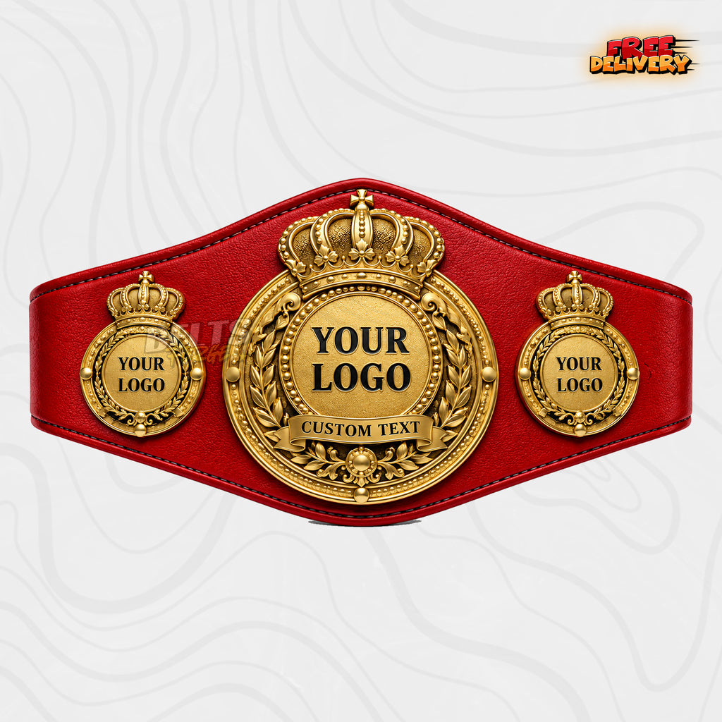 Custom Royal Crown Medallion Championship Belt in red genuine leather strap showing gold royal crown laurel plate with custom text ribbon