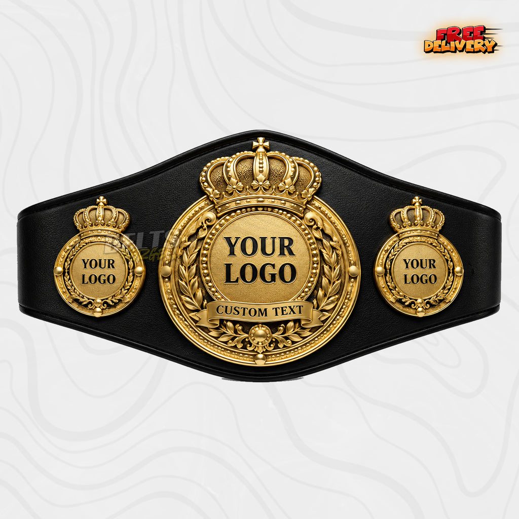 Custom Royal Crown Medallion Championship Belt in black genuine leather strap showing gold royal crown round medallion plates by Belts Forge