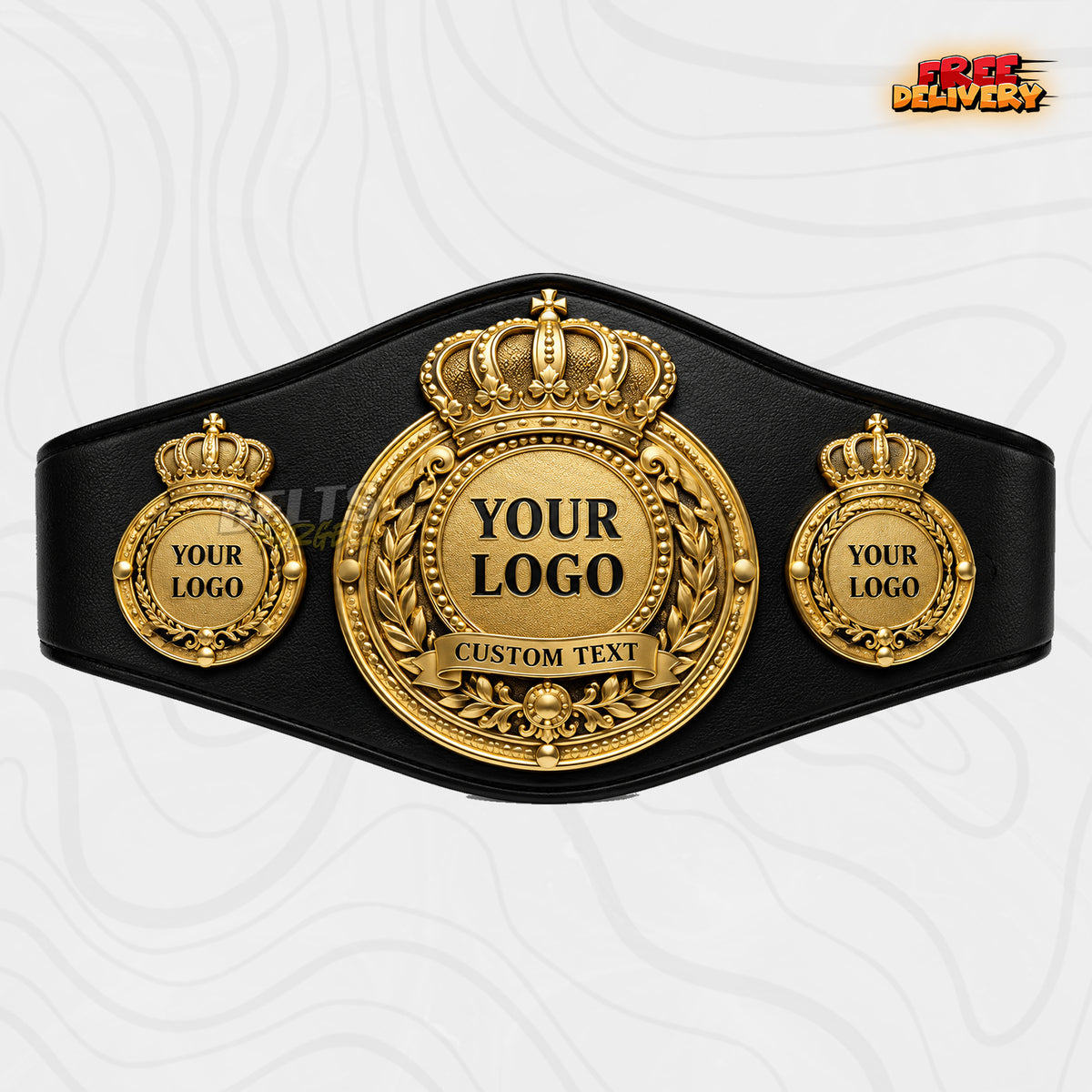 Custom Royal Crown Medallion Championship Belt in black genuine leather strap showing gold royal crown round medallion plates by Belts Forge