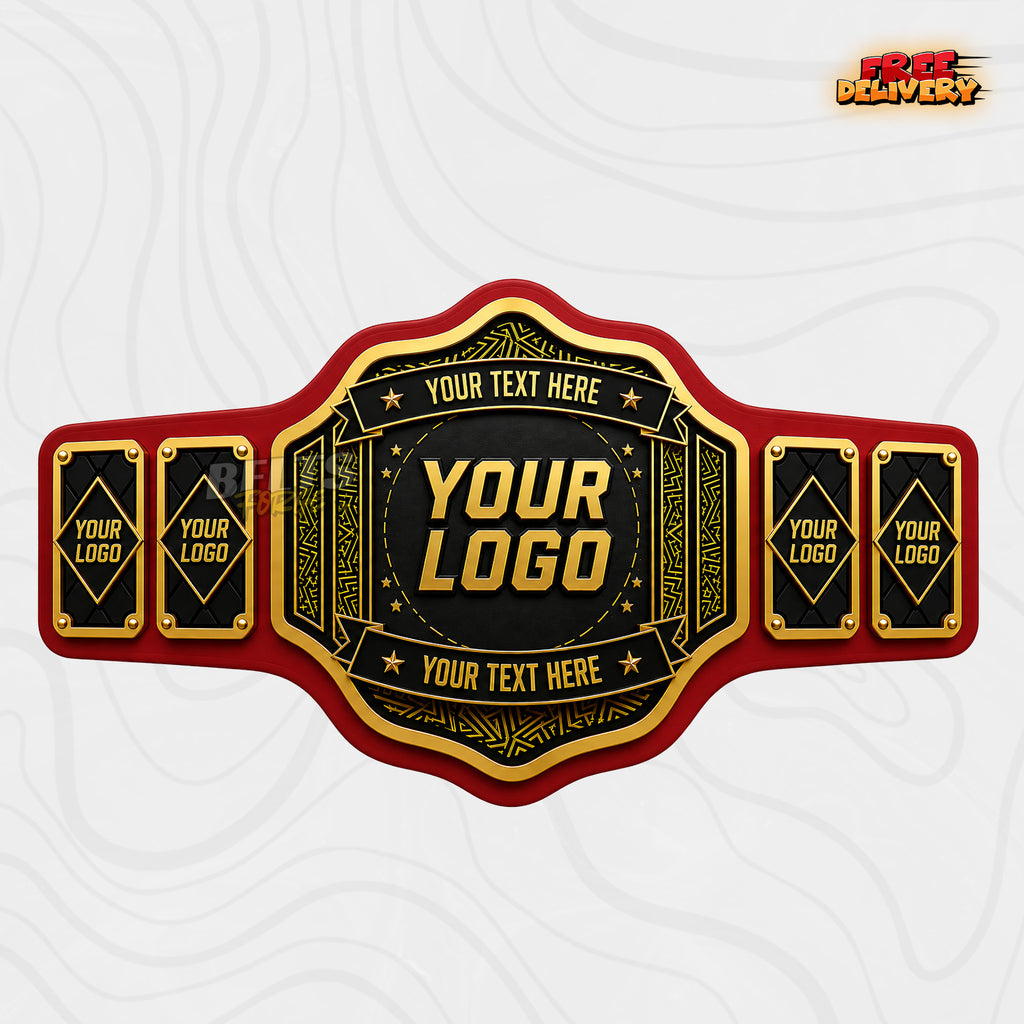 Custom Black and Gold Banner Championship Belt in red genuine leather strap showing gold scalloped centre plate with custom text banner