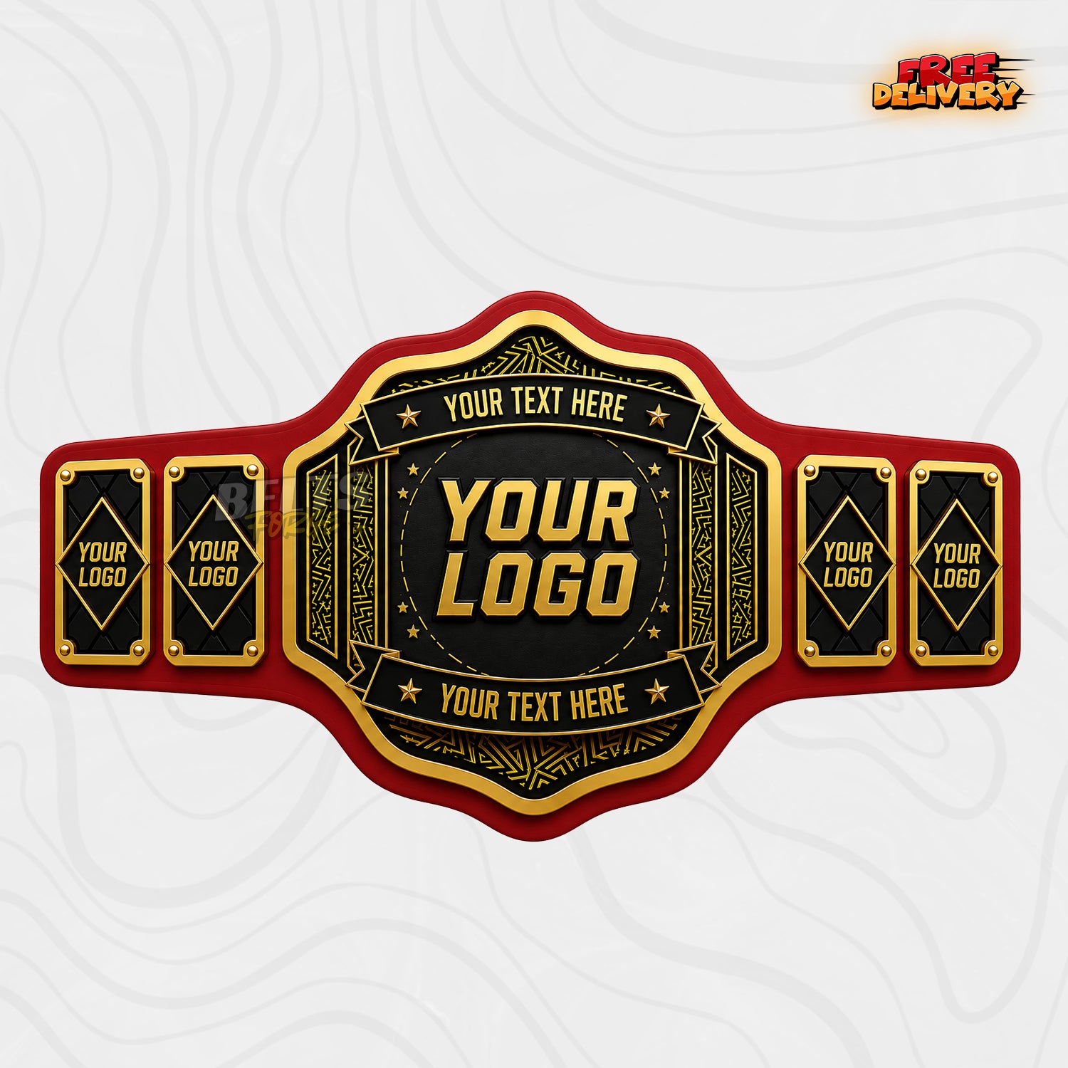 Custom Black and Gold Banner Championship Belt in red genuine leather strap showing gold scalloped centre plate with custom text banner