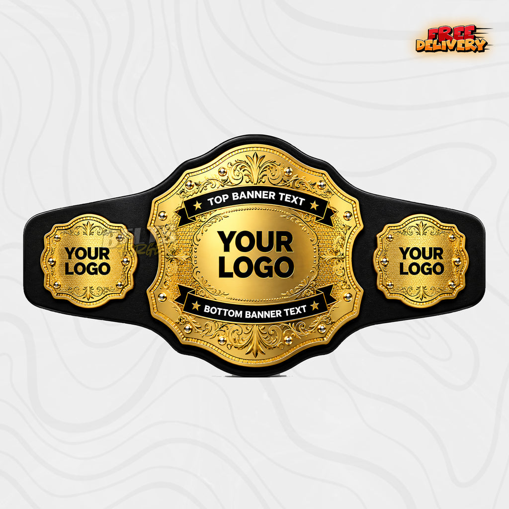 Custom Scalloped Gold Championship Belt in black genuine leather strap showing gold scalloped plates with top and bottom banners by Belts Forge