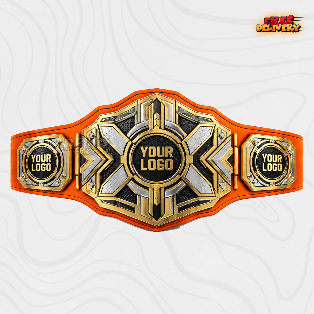 Custom Angular Chevron X Championship Belt in orange genuine leather strap showing gold silver X plate with chevron design