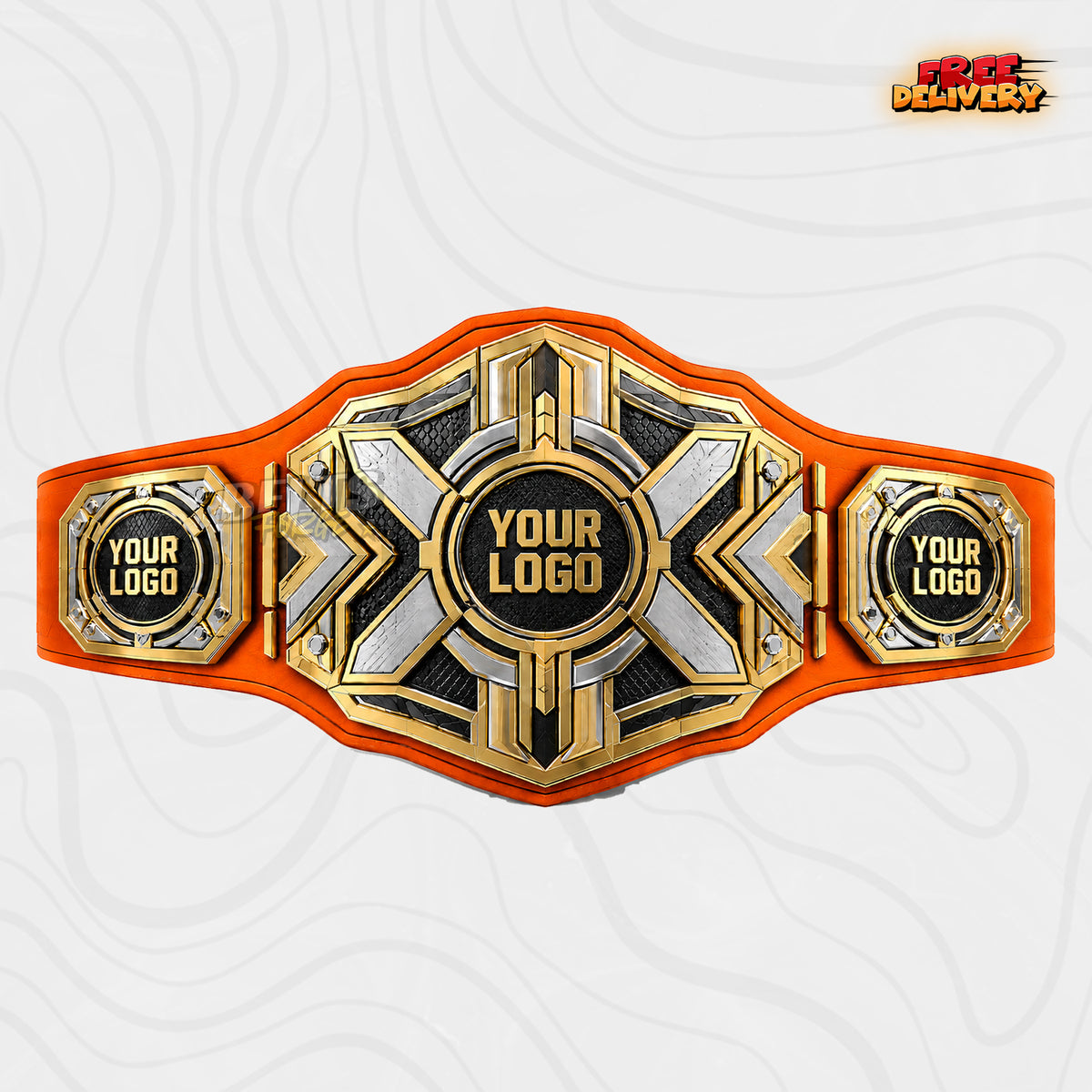 Custom Angular Chevron X Championship Belt in orange genuine leather strap showing gold silver X plate with chevron design