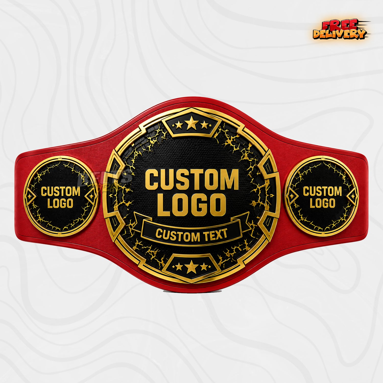 Custom Black and Gold Star Championship Belt in red genuine leather strap showing gold star plates with black face and custom text ribbon