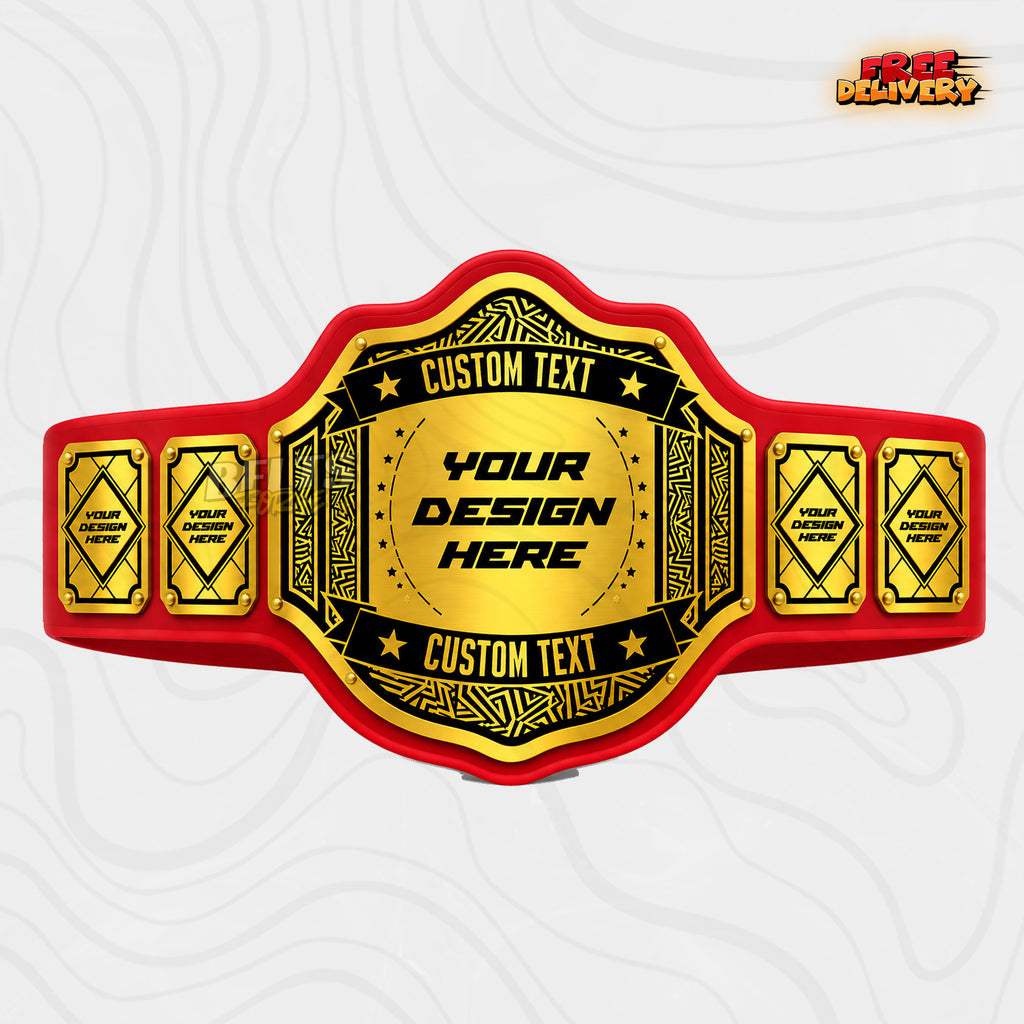 Custom Tribal Geometric Championship Belt in red genuine leather strap showing gold tribal engraved plates with six custom design panels