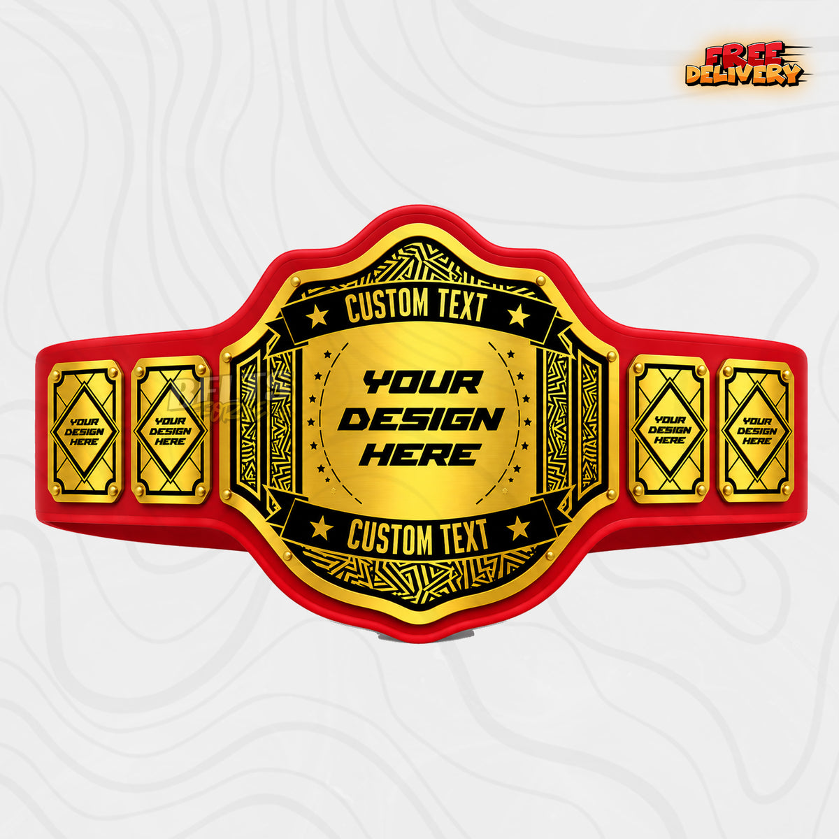 Custom Tribal Geometric Championship Belt in red genuine leather strap showing gold tribal engraved plates with six custom design panels