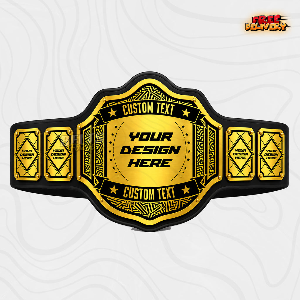 Custom Tribal Geometric Championship Belt in black genuine leather strap showing gold tribal geometric plate with dual text banners by Belts Forge
