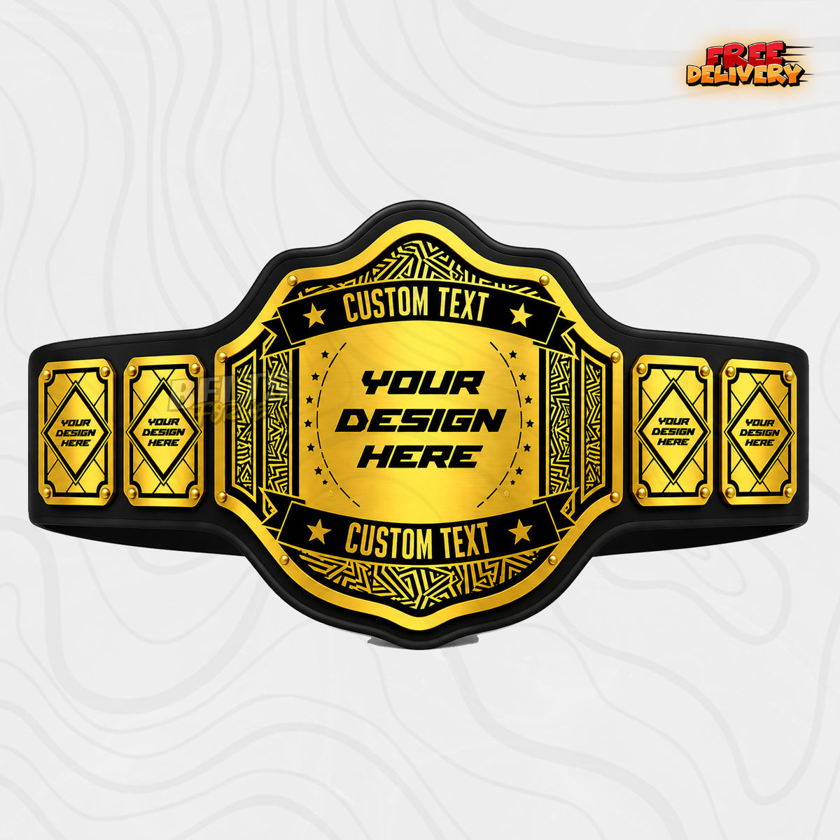 Custom Tribal Geometric Championship Belt in black genuine leather strap showing gold tribal geometric plate with dual text banners by Belts Forge