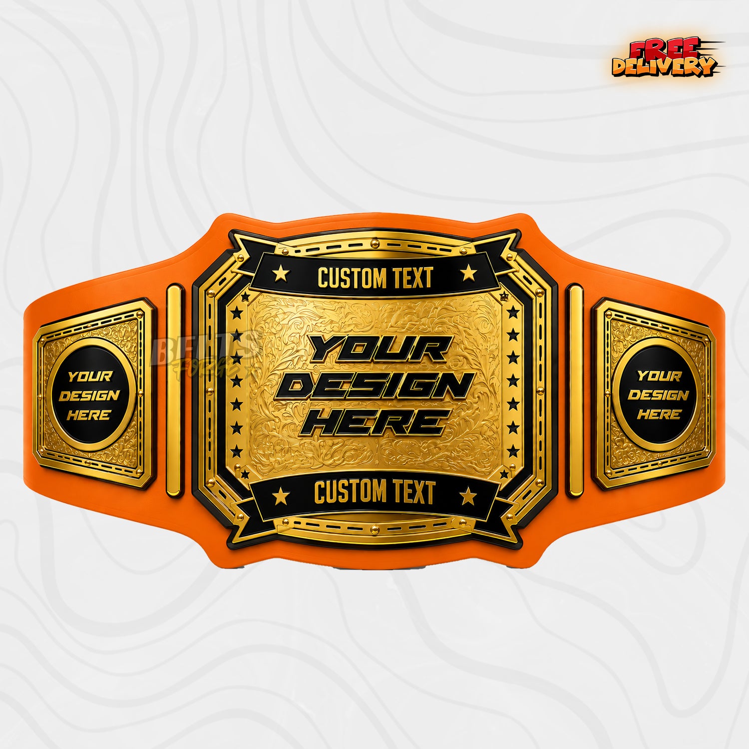 Custom Western Rodeo Championship Belt in orange genuine leather strap showing gold trophy buckle style plates with custom logo and text