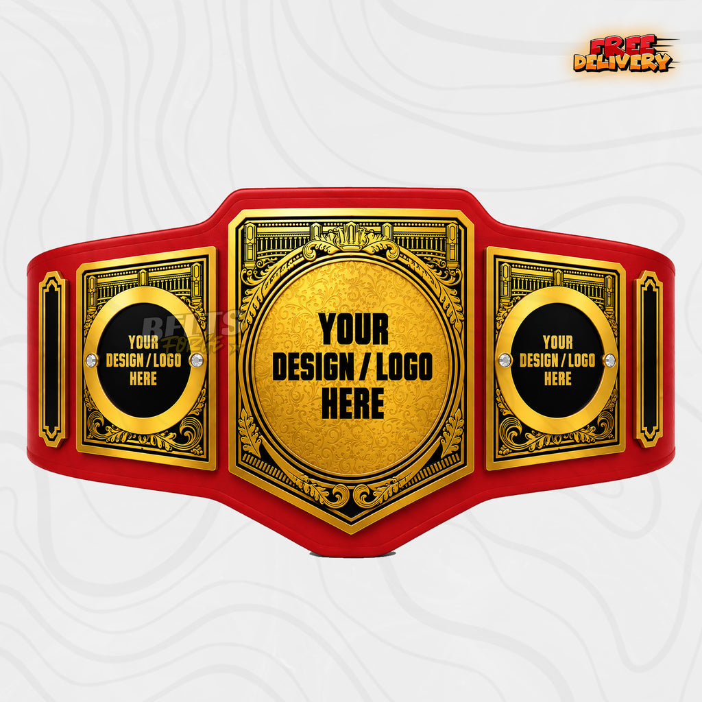 Custom Damask Shield Championship Belt in red genuine leather strap showing gold Victorian ornate shield plate with full custom design